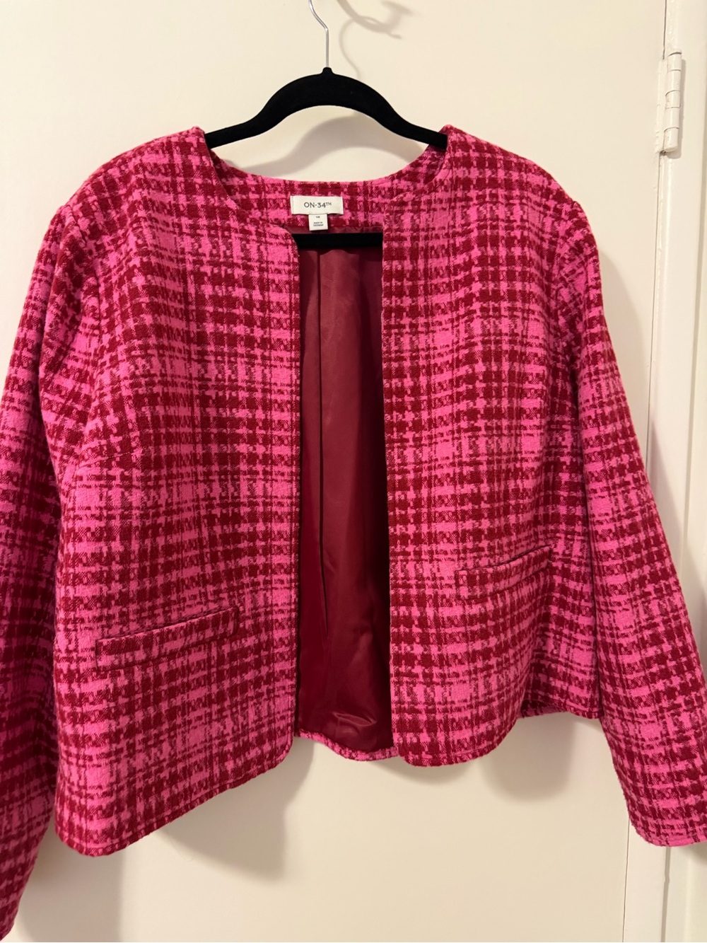 On 34th Pink Plaid Open-Front Jacket